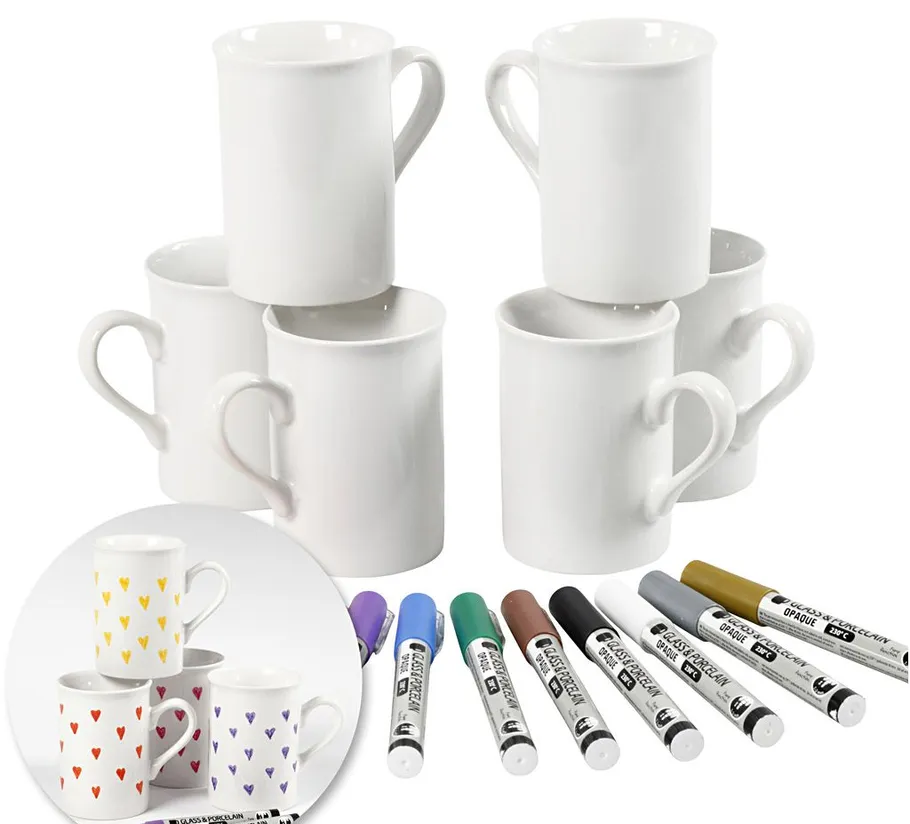 Six white mugs with porcelain markers.