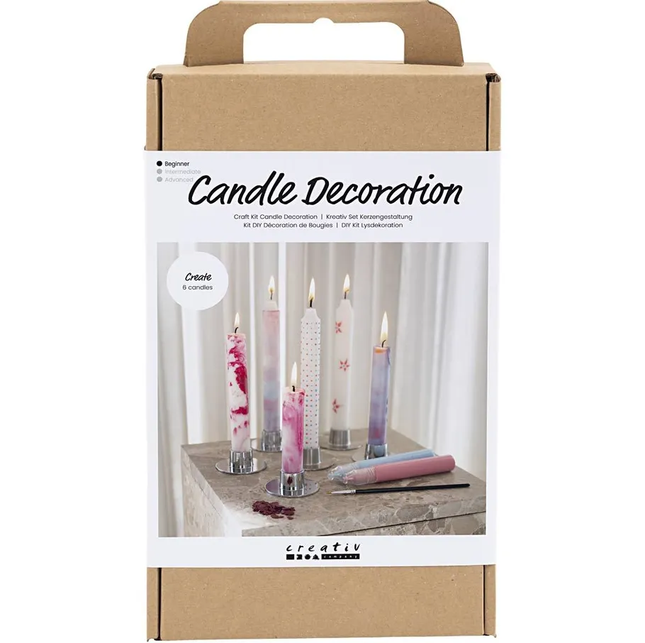 Craft kit box with candle decoration supplies.