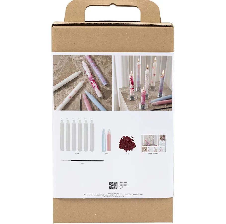 Verpackung eines Kerzen-Dekorationssets mit Bildern und Text.