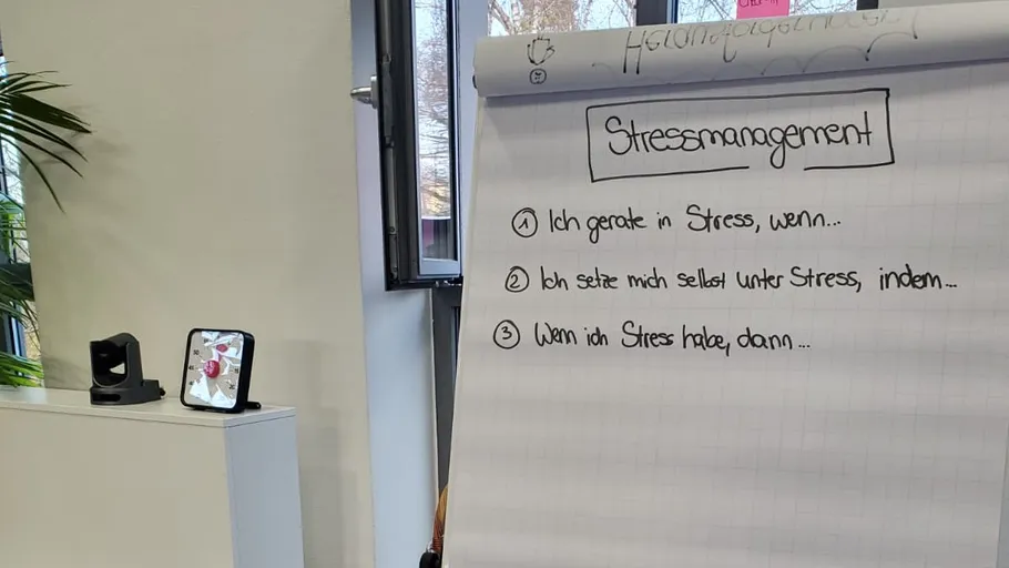 Flipchart with stress management tips in a room.