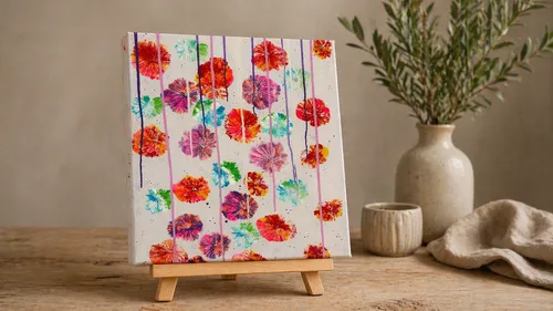 Colorful abstract painting on easel, indoor setting.