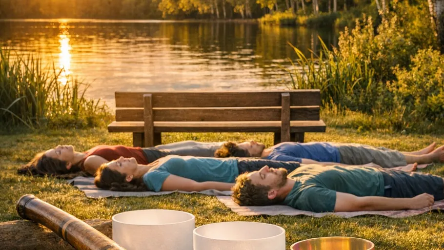 People relaxing on mats near a lakeside bench.