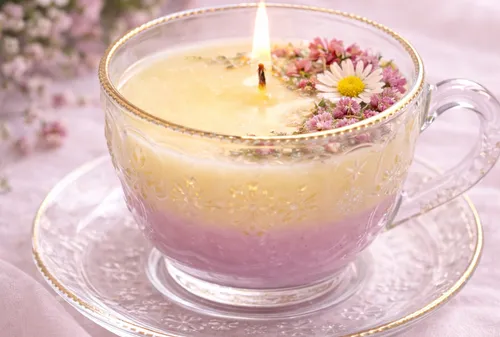 Decorative candle in floral teacup on saucer.