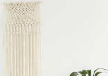 Macrame wall hanging on a pale wall, next to a plant.