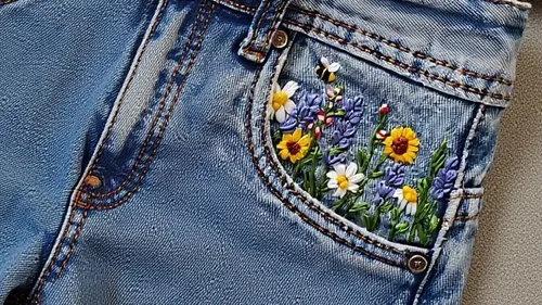 Stickerei Blumen auf blauem Jeans-Tasche.