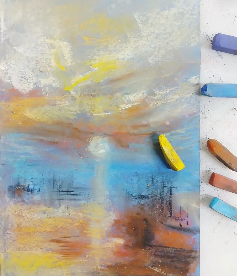 Colorful pastel drawing with chalks on paper.