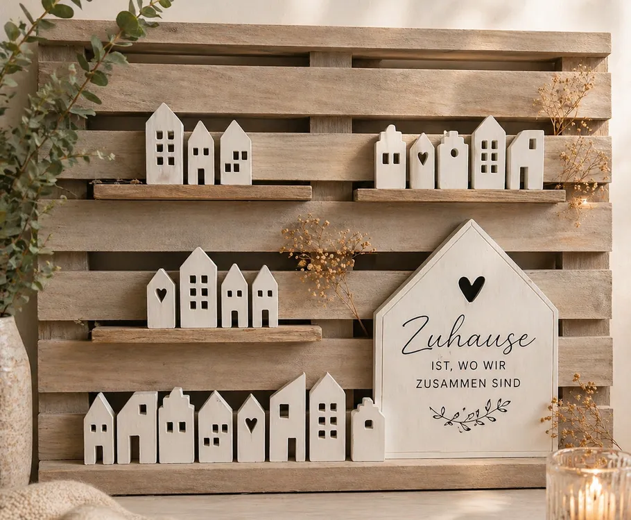 Wooden pallet with decorative white houses.