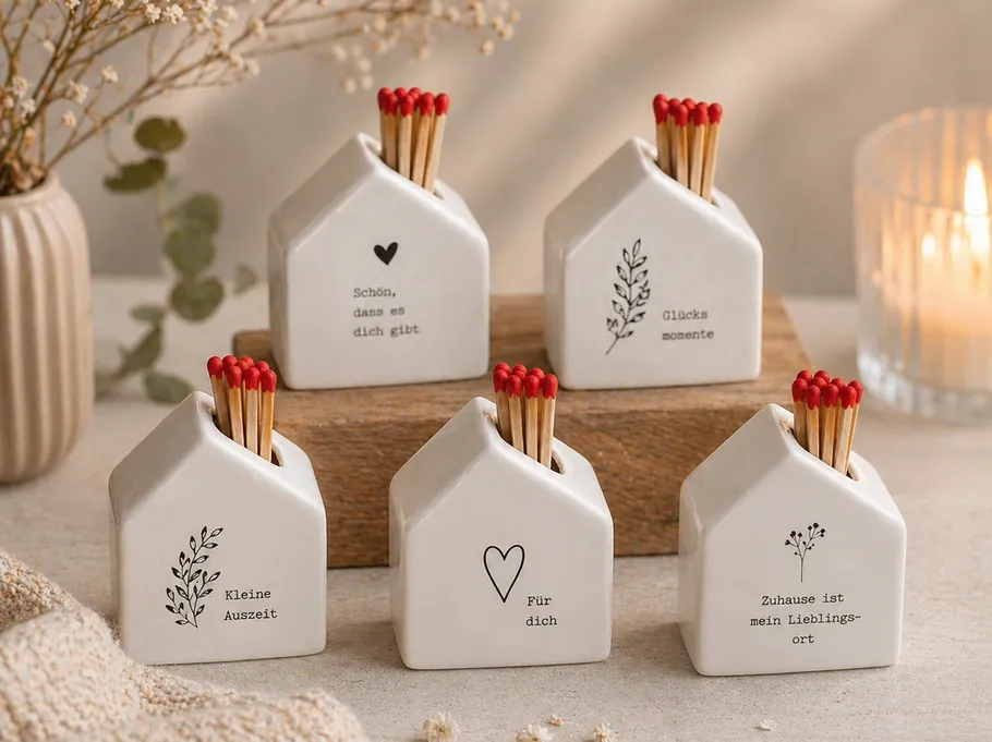 Ceramic matchstick holders in house shapes on table.
