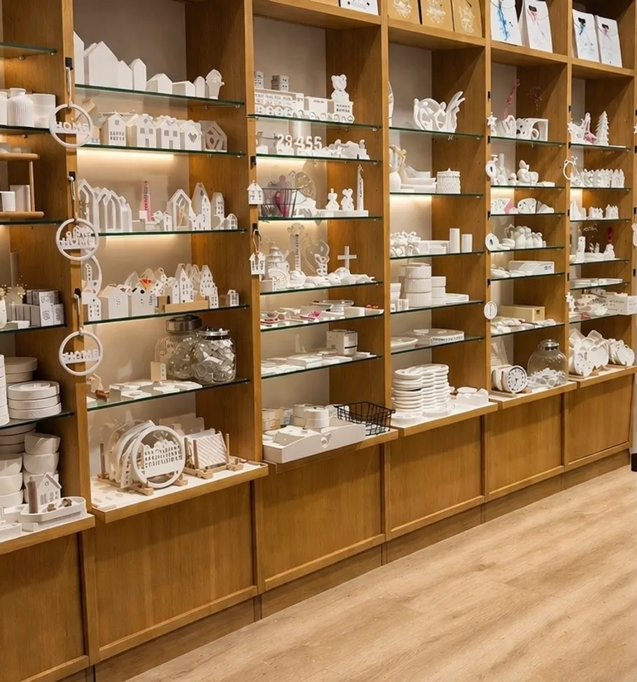 Shelves display white ceramic decorative items.