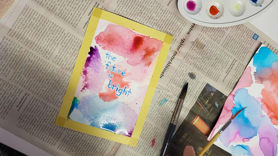 Watercolor painting on newspaper background.