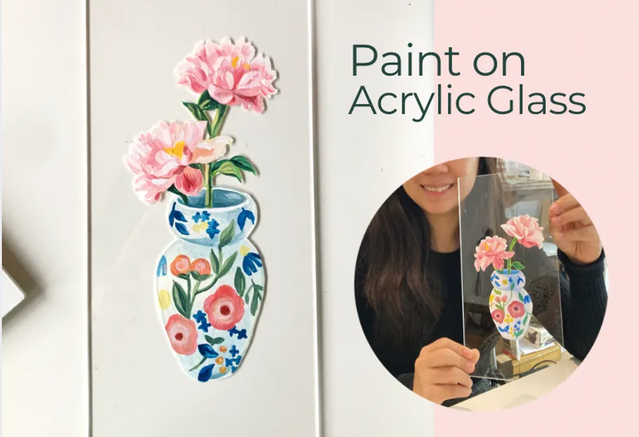 Bemalte Vase mit Blumen auf Acrylglas.
