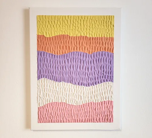 Textured abstract painting with colorful stripes.