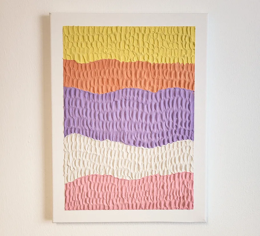 Textured abstract painting with colorful stripes.