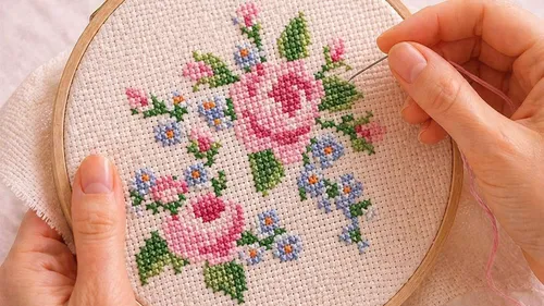 Hände sticken Blumenmuster auf Stoffrahmen.