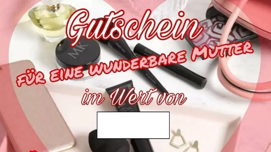 Voucher, cosmetics, and bag on table.