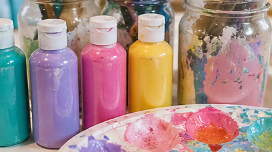 Colorful paint bottles and palette in studio.