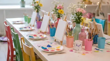 Colorful paint party setup with easels and flowers.