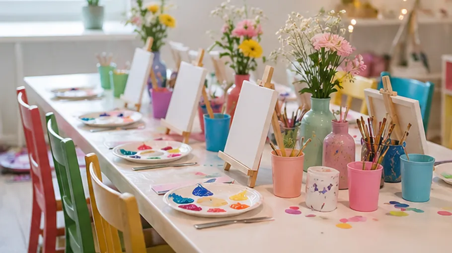 Colorful paint party setup with easels and flowers.