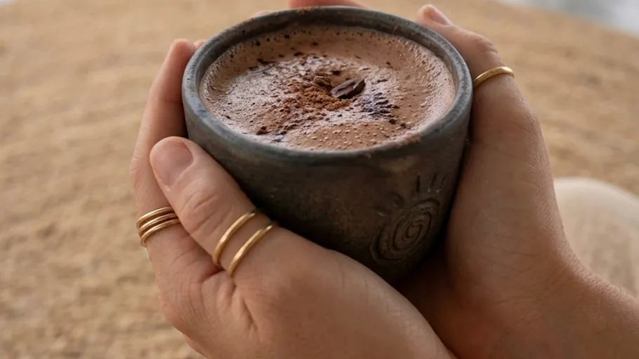 Hände halten eine Tasse heiße Schokolade.
