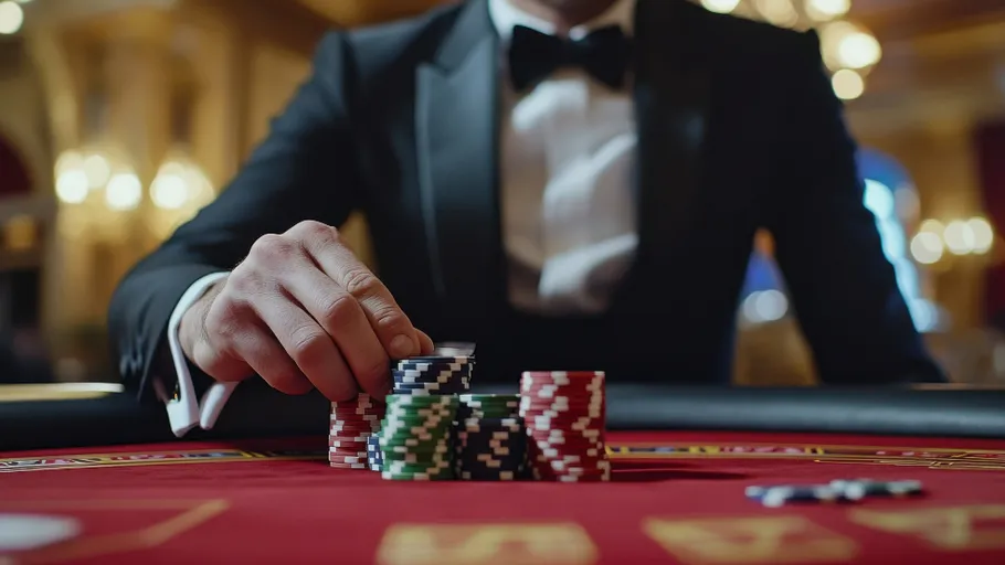 Mann im Smoking spielt Poker mit Chips.