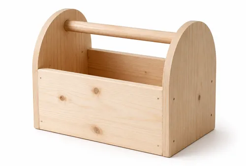 Holz-Werkzeugkasten mit Griff oben.