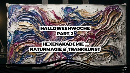 Colorful abstract painting with text overlay.