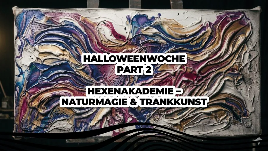 Buntes abstraktes Gemälde mit Textoverlay.