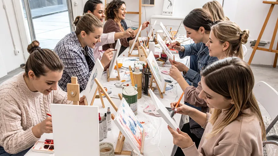Gruppe von Frauen malt im Kunststudio.