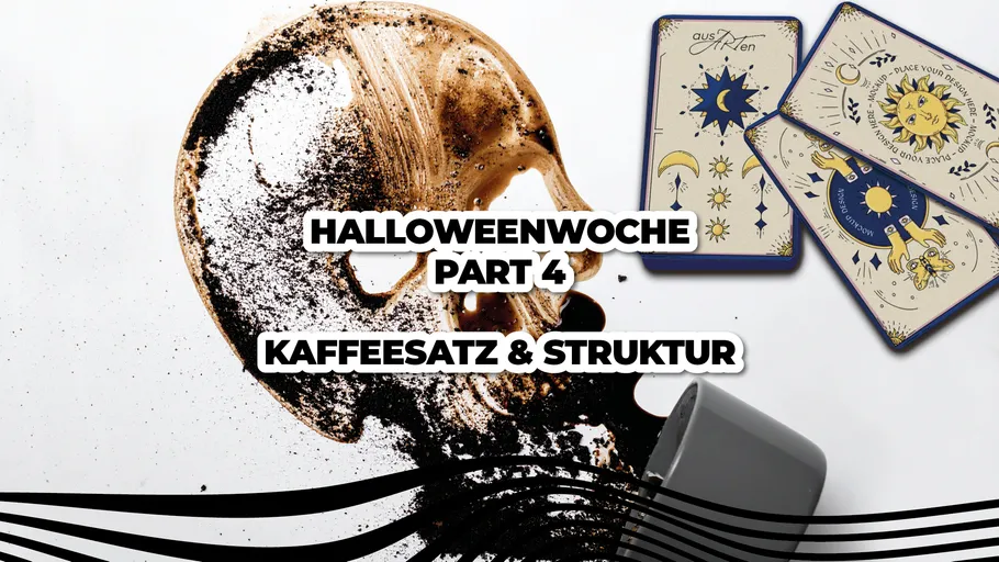 Kaffeesatz-Schädel neben Tarotkarten.