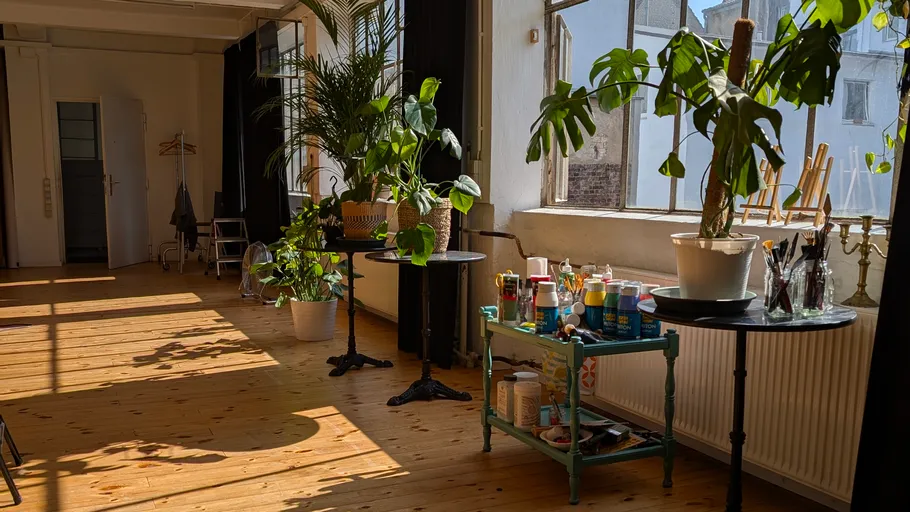 Pflanzen und Kunstbedarf in sonnigem Raum.
