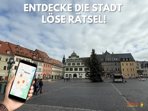 Hand holds phone with map in city square.