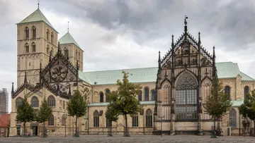Gothic cathedral exterior on cloudy day