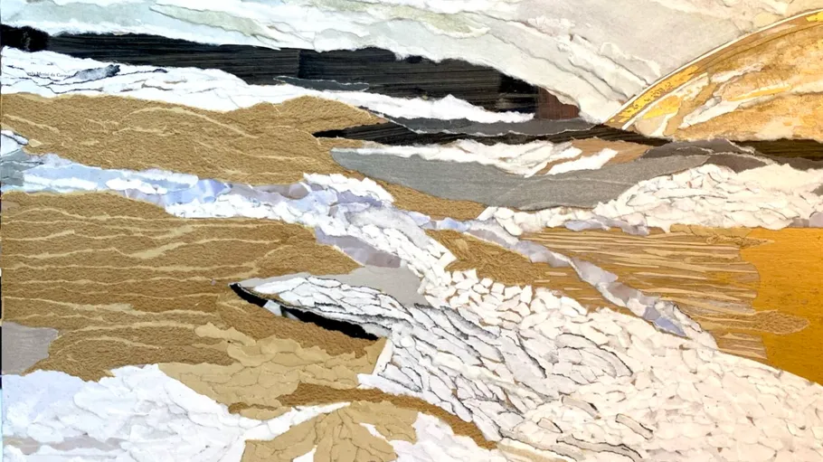 Abstract collage art with textured layers and colors.