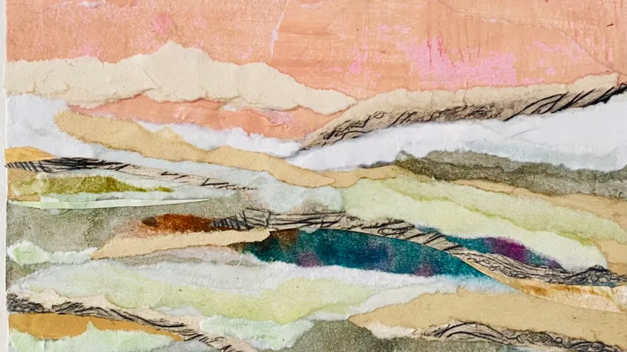 Abstract collage with layered torn papers.