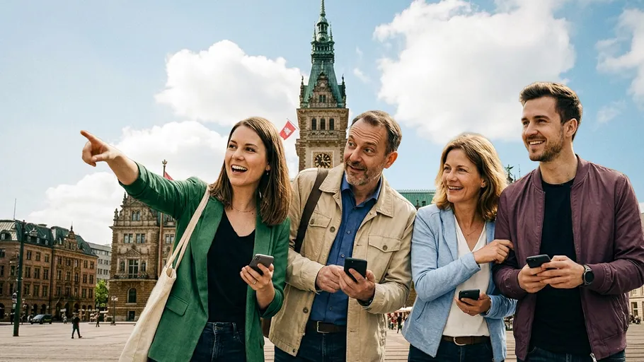 Four people with phones, city hall background.