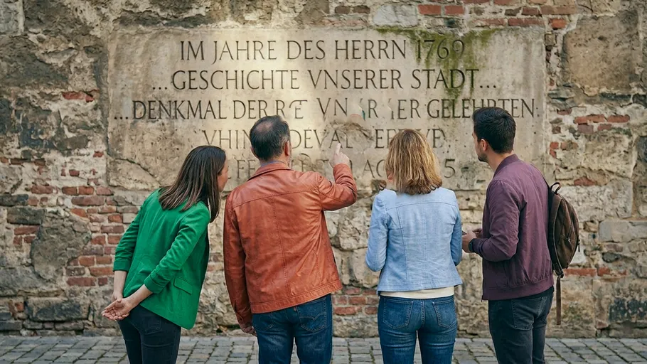 Four people read historical plaque on stone wall.