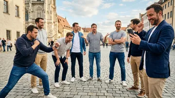 Gruppe von Männern scherzt auf einem Platz.