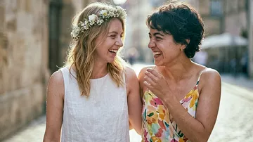 Zwei Frauen lachen auf einer sonnigen Straße.