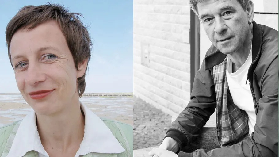 Links: Frau am Strand lächelnd; Rechts: Mann sitzt draußen.