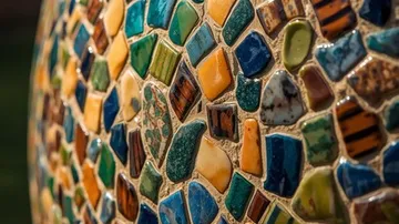 Colorful mosaic tiles on a curved surface.