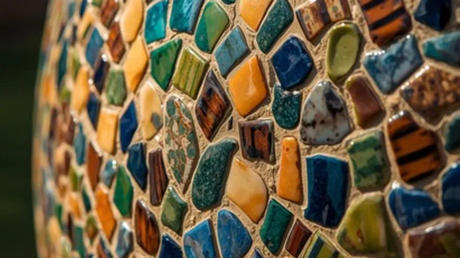 Bunte Mosaikfliesen auf gekrümmter Oberfläche.