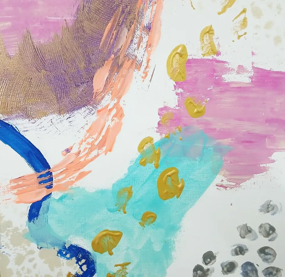 Abstract painting with colorful brushstrokes and textures.