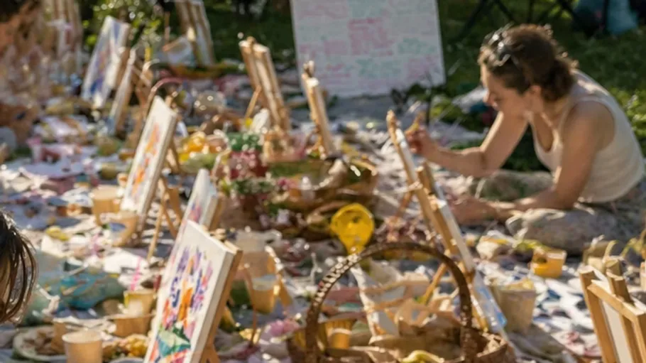Frau malt im Freien bei einem Picknick.