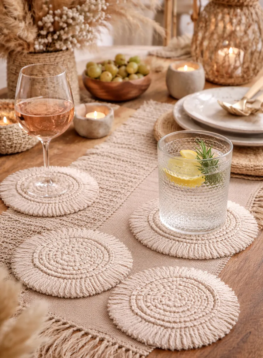 Table setting with drinks, candles, and coasters.