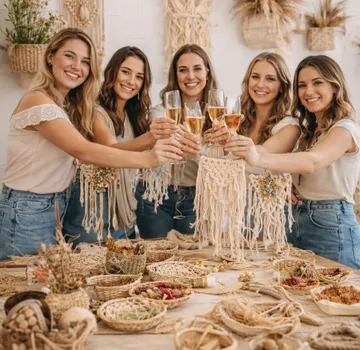 Fünf Frauen stoßen mit Champagnergläsern innen an.