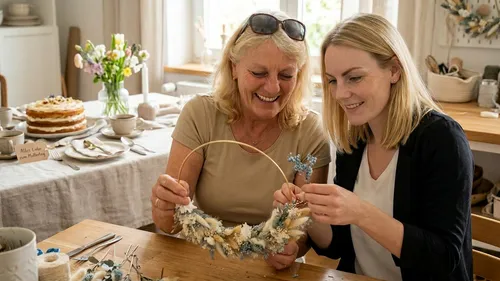 Two women crafting wreath at dining table.