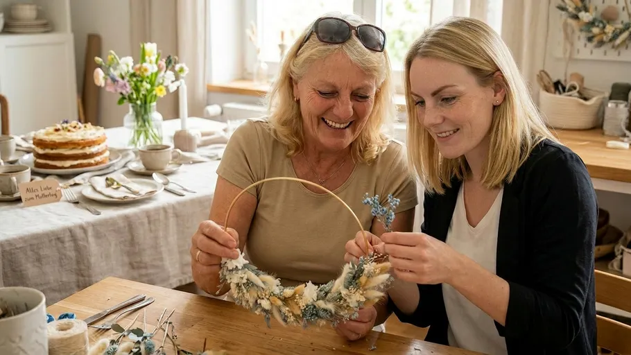 Two women crafting wreath at dining table.