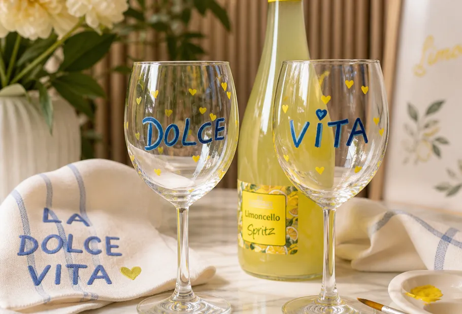 Zwei Gläser mit 'Dolce Vita' und Limoncello-Flasche.
