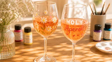 Two painted glasses on a wooden table.