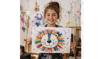 Child holding colorful lion painting in art studio.